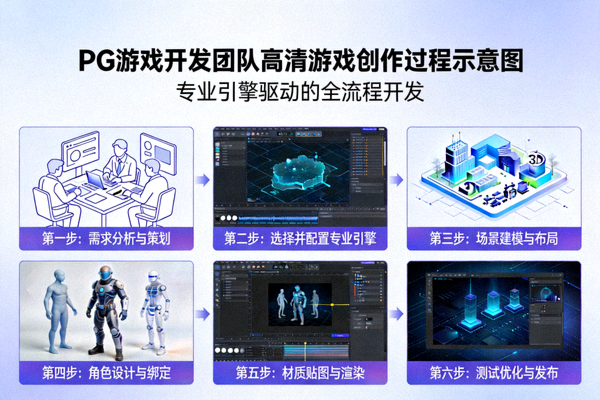 PG游戏开发团队使用专业引擎进行高清游戏创作的过程示意图